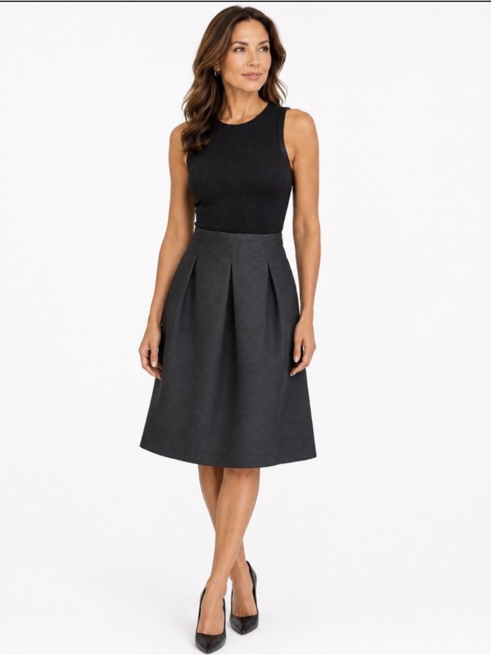 Kay Unger NY Skirt 16 Black A Line Full Pleated Details Textured Slight Poof